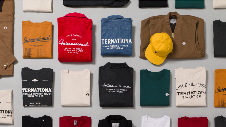 Display of International merchandise clothing in different colors of the palette