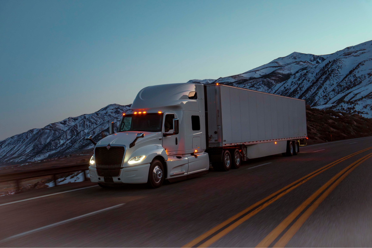 Truck on road at night with snowy mountains in the background